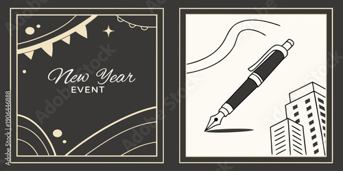 Creative New Year Event Panels – Black Gold Artistic Line‑Art Architecture Set for Elegant Festive Branding, Modern Celebration Graphics, and Premium Promotional Design Assets