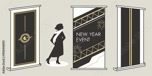 Elegant New Year Event Banner Stands – Black Gold Geometric Display Set for Premium Festive Branding, Modern Celebration Graphics, and High‑End Promotional Design Assets