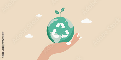 A hand gently cradles a teal earth with a recycling symbol and sprouting leaves