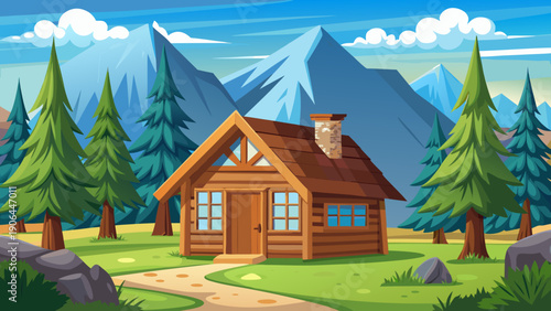 Simple cartoon vector of a wooden forest cabin near mountains with open space and flat minimal look