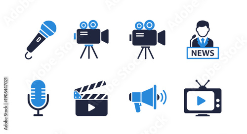 Media Production Icons Set – News Video Audio Broadcast Symbols