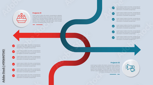 2 points comparison for infographic with glossy gradient style with smooth curl long arrow line move opposite direction with two point list information