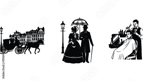 Vintage illustrations of a horse-drawn carriage, couple, and barber shop scenes