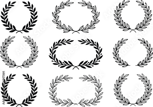 laurel foliate vector icon, laurel wreath set, circular laurel olive branches greek wreath, wreaths and branches with leaves, flowers and plants elements