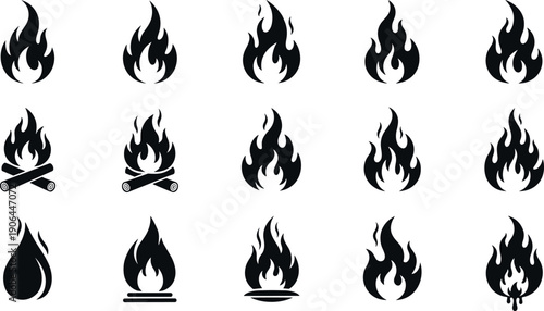 Set of black fire flame and campfire silhouette icons isolated on white background for logo branding and graphic design elements.