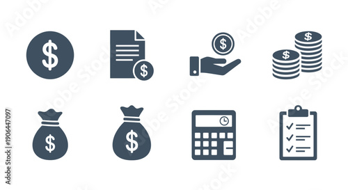 Finance Management Icons Set – Money Budget Accounting Symbols