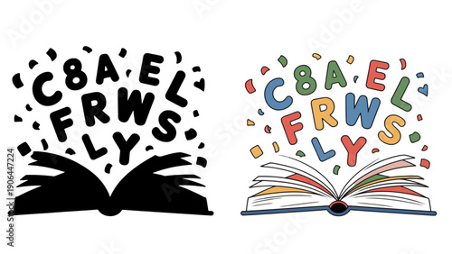 A colorful illustration of an open book with letters flying out