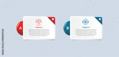 2 points comparison for infographic with glossy gradient style with round rectangle box with half circle behind opposite position with two point list information