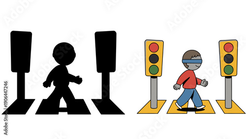 A cartoon illustration of a person walking with and without visual impairment