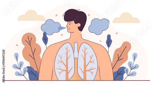 Illustration of a person exhaling with visible lungs surrounded by leaves and clouds in a serene environment from a side viewpoint