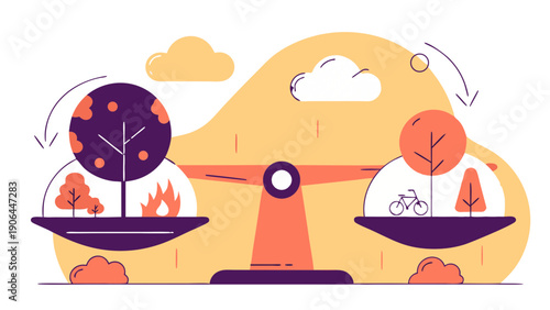 Illustration of a scale balancing nature scenes with trees and mountains in a serene environment viewed from the side