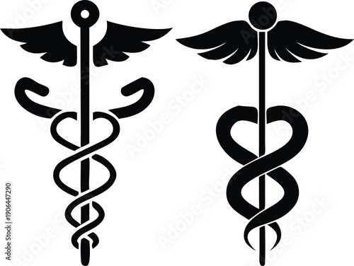 Two depictions of the caduceus symbol a staff with intertwined snakes and