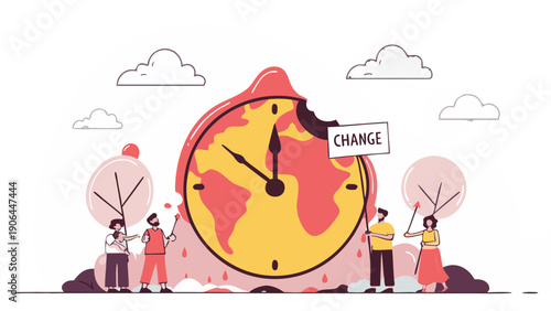 People standing around a large clock symbolizing change and global time from various viewpoints in an illustrative style