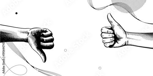 Vintage style illustration of a thumbs up and a thumbs down hand gesture on a white background.