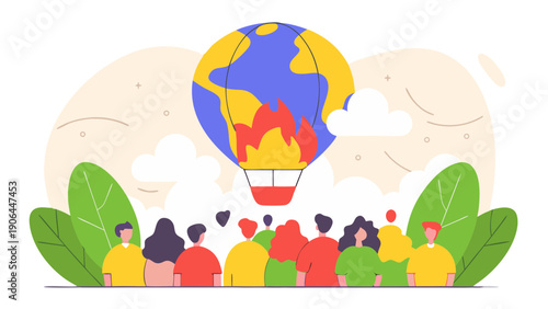 People watching burning Earth hot air balloon vector illustration