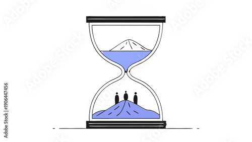Three business professionals standing on sand inside an hourglass with a mountain landscape flowing from top to bottom, symbolizing time passing and productivity, viewed from the side.