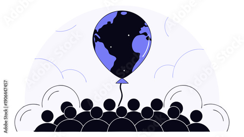A crowd of people gathered together holding a giant blue globe balloon in the air, symbolizing unity and global connection in a celebratory atmosphere from a front viewpoint
