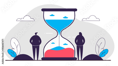 Three silhouetted figures stand beside a giant hourglass with red sand flowing from top to bottom, surrounded by clouds and foliage, viewed from the side.