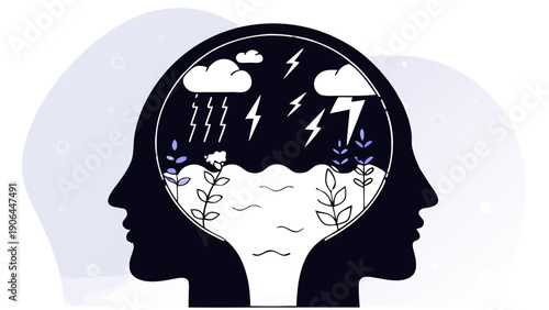 Illustration of a person's mental state transitioning from turmoil to serenity, with silhouetted heads and a split inner landscape