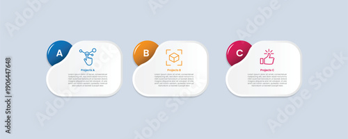 3 points infographic with glossy gradient style with folder shape with circle badge on top left with three segment information