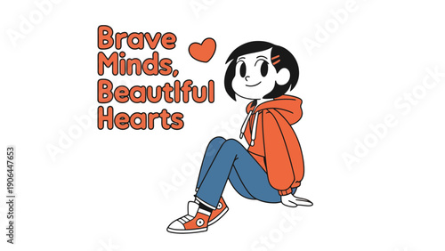 A cartoon girl with a brave and beautiful heart sits smiling