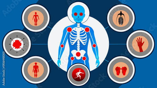 Human body anatomy illustration highlighting various body parts and organs affected by pain or injury in a detailed medical diagram view
