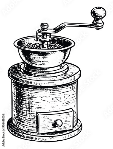 Classic handcrank coffee grinder for fresh beans provides a rustic and traditional feel perfect for culinary product packaging, cafe menu designs, or food preparation blogs.