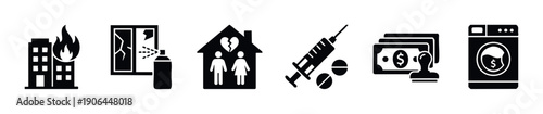 Collection of glyph icons depicting various societal issues including building fire, vandalism, divorce, drug abuse, illegal finance, and money laundering for public awareness campaigns and