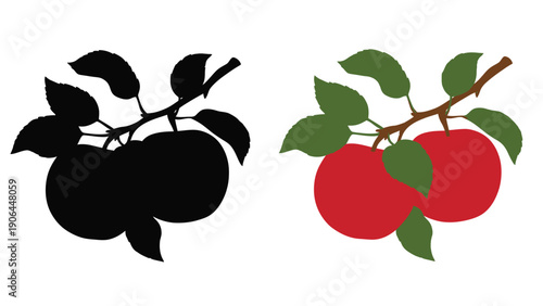 A colorful illustration of apples on a tree branch with leaves