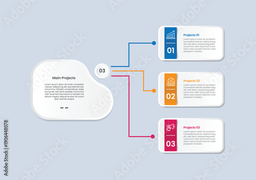 3 points infographic with glossy gradient style with big folder and round rectangle stacked list vertical connected with three segment information