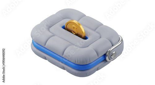 3D isometric illustration of a grey money box with a gold coin inserted, symbolizing saving and financial planning