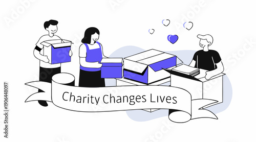 People working together for charity surrounded by donation boxes and hearts from an overhead viewpoint