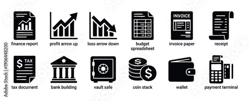 Collection of financial business icons including income and expense reports, banking operations, secure money storage, and payment transactions for modern finance and accounting solutions