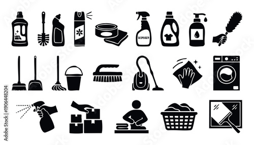 Household chores and domestic activities collection of black and white silhouette icons for various home maintenance, cleaning, and laundry tasks for modern living
