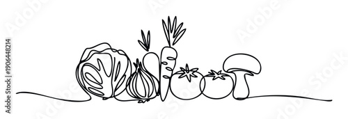 Continuous line drawing of fresh vegetables like cabbage onion carrots tomatoes and mushroom perfect for healthy eating promotions and food related content