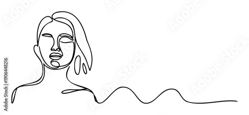 Minimalist continuous line drawing of a womans face and shoulders with flowing lines, ideal for modern branding, wellness applications, or abstract communication graphics