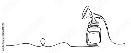 Modern continuous line drawing of a breast pump and baby bottle symbolizing maternal care and feeding for newborn babies, suitable for healthcare websites or parenting resources