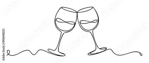 Continuous single line drawing featuring two wine glasses clinking together in a festive toast, ideal for beverage industry promotions, event invitations, and celebratory themes.