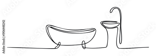 Minimalist one line drawing of a freestanding bathtub and pedestal sink with a faucet, perfect for bathroom renovation marketing materials and plumbing service promotions.