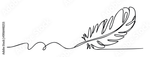 Simple fluid continuous line drawing of a delicate feather with an elegant flowing trail, perfect for creative projects, literary themes, or minimalist brand identity concepts