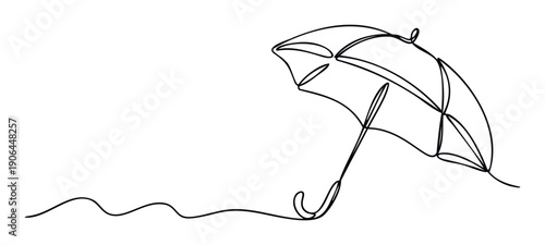 Elegant continuous line drawing of an open umbrella with a flowing wavy line, ideal for symbolizing protection, weather, or comfort in contemporary media projects.