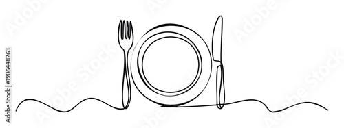 Continuous line drawing of dining cutlery and plate ideal for restaurant menus, food blogs, catering advertisements, or culinary event invitations, symbolizing meal preparation and fine