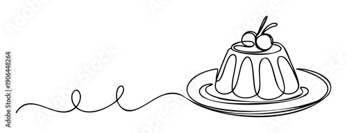 Elegant continuous line drawing of a delicious dessert pudding with cherries on a plate, ideal for cafe branding, recipe books, or confectionery shop displays.