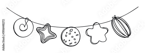 Simple line drawing garland featuring an assortment of delicious baked goods and sweet cookies, ideal for bakery branding, holiday celebrations, or dessert shop promotions.
