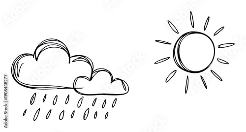 Hand drawn weather forecast icons depicting a rainy cloud with falling drops and a shining sun, ideal for educational materials, mobile application interfaces, and basic meteorological