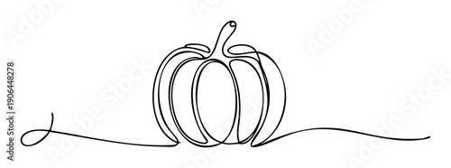 Minimalist continuous line drawing of a pumpkin representing autumn and harvest, perfect for seasonal greetings, holiday decor, and healthy food concepts.
