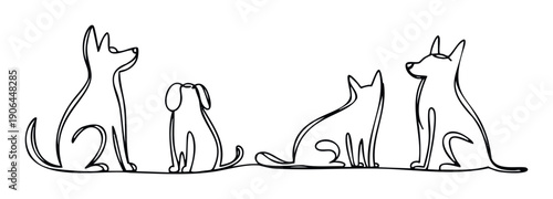 Simple minimalist black line drawing of various dogs sitting and looking in different directions, perfect for pet care promotions, animal welfare campaigns, and childrens education