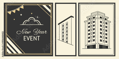 Vintage New Year Event Panels – Black Gold Geometric Poster Set with Decorative Banner and Minimalist Architectural Building Illustrations for Premium Festive Branding