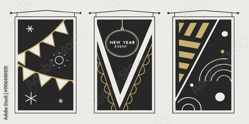 Modern New Year Event Banners – Black Gold Geometric Festive Set with Pennant Flags, Scalloped Accents, and Minimal Abstract Patterns for Premium Celebration Branding