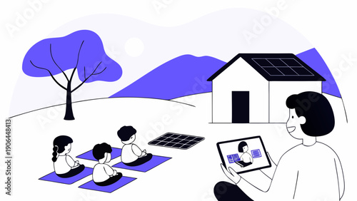 Online education for children with solar energy house vector illustration